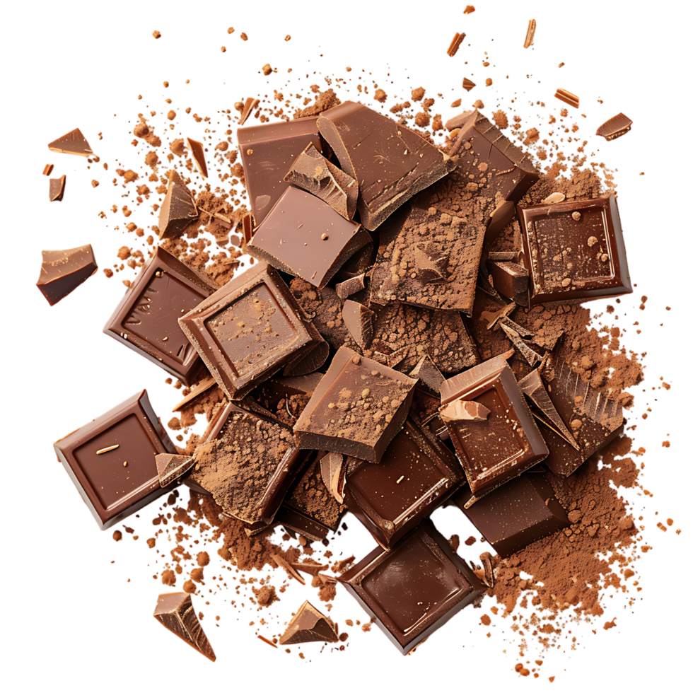 Chocolate bar pieces with cocoa powder isolated on transparent background png