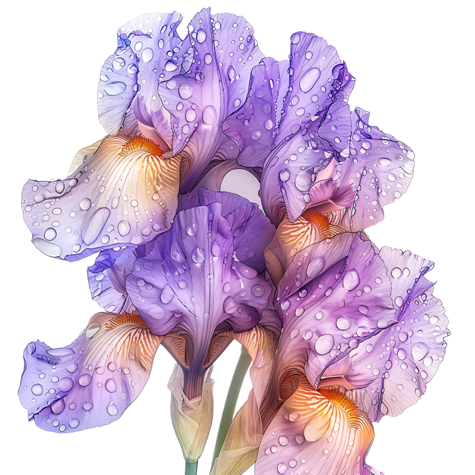 Iris flowers with raindrops isolated on transparent background png
