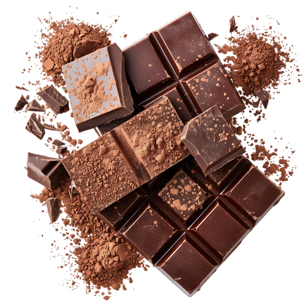 Chocolate bar pieces with cocoa powder isolated on transparent background png
