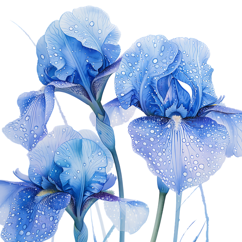 Iris flowers with raindrops isolated on transparent background png