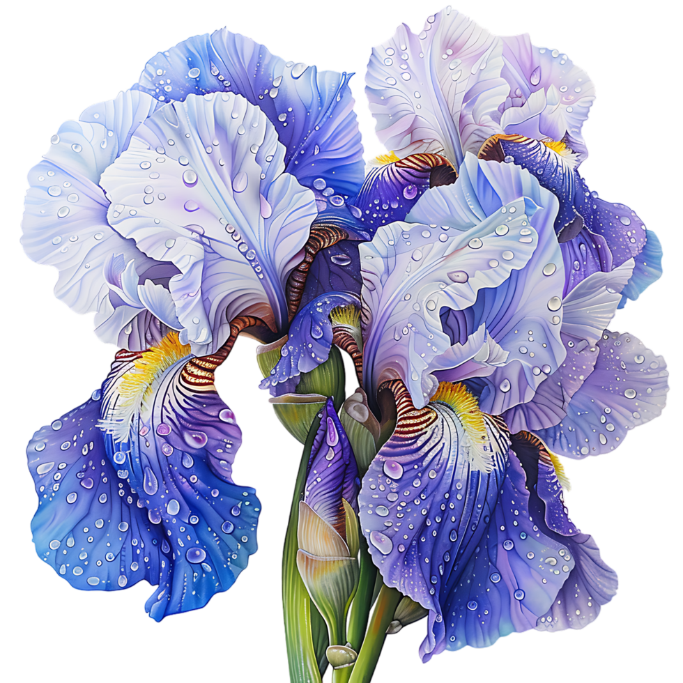 Iris flowers with raindrops isolated on transparent background png