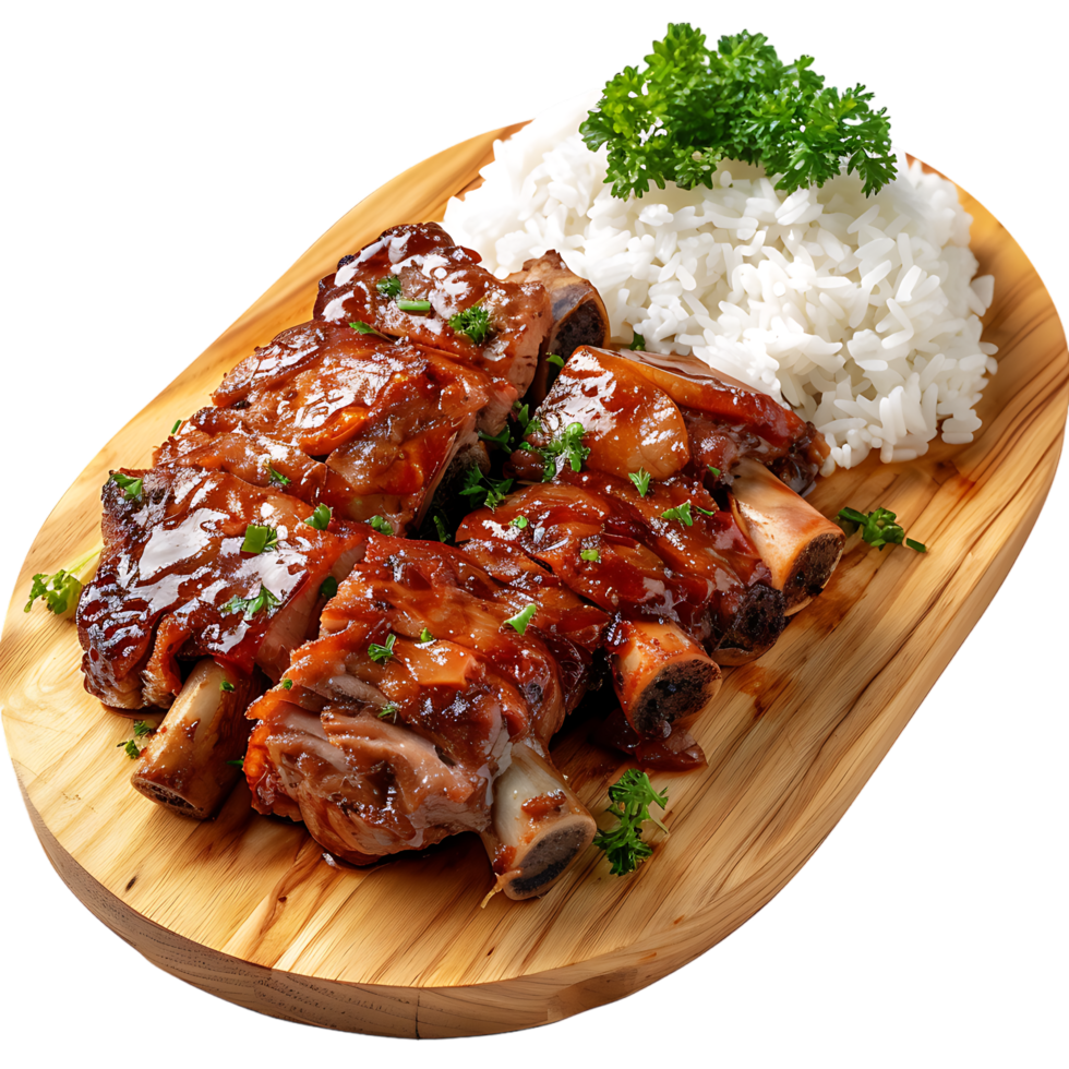 Stewed pork leg on rice on wood board against transparent background generated by Ai png