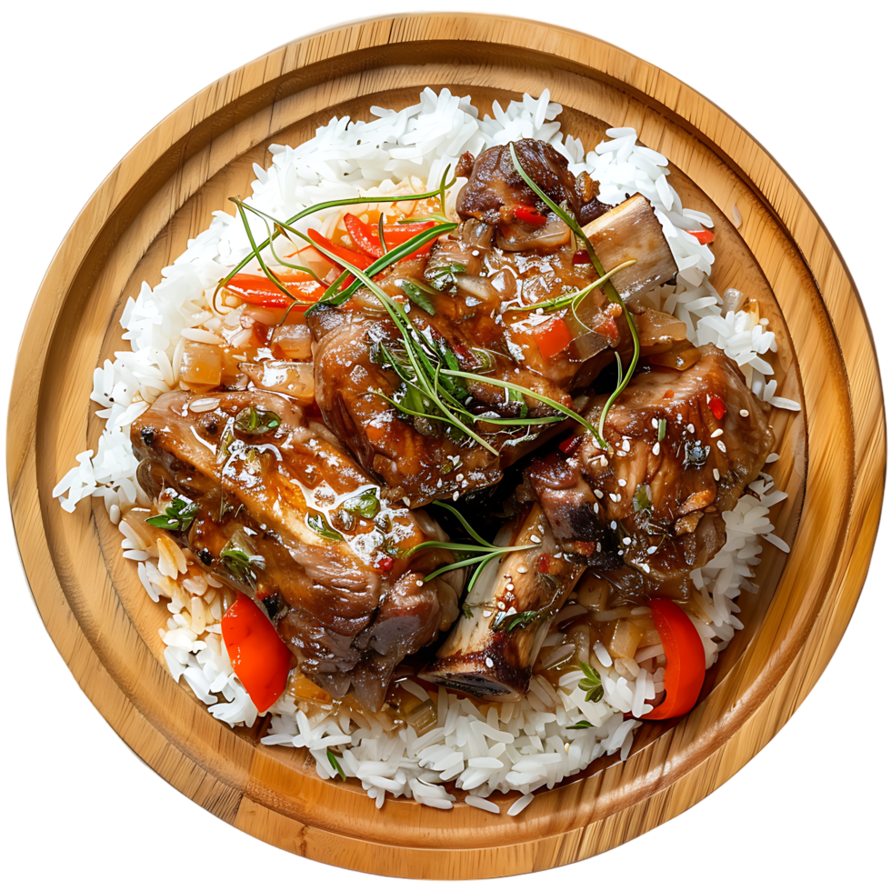 Stewed pork leg on rice on wood board against transparent background generated by Ai png