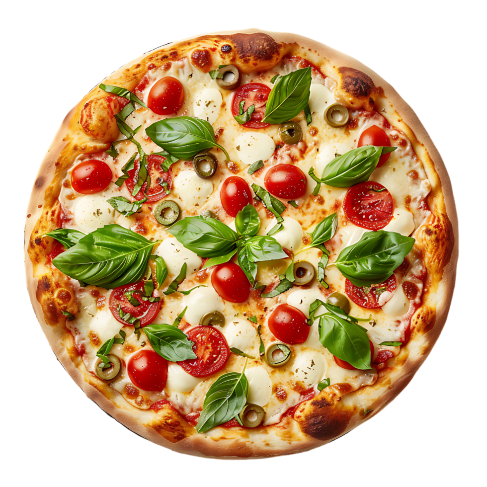 Italian pizza with melted mozzarella cheese green olives tomato garnished vegetables png