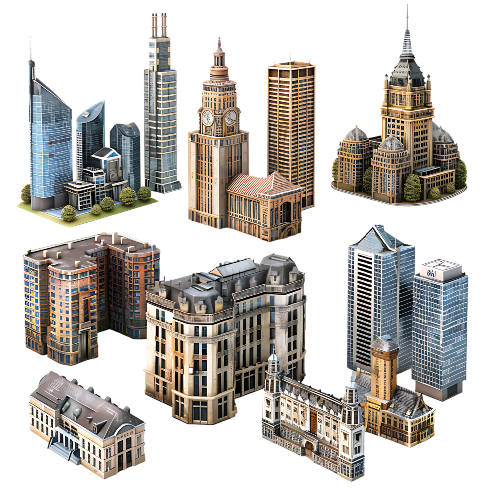 3D set of city buildings isolated on a transparent background png