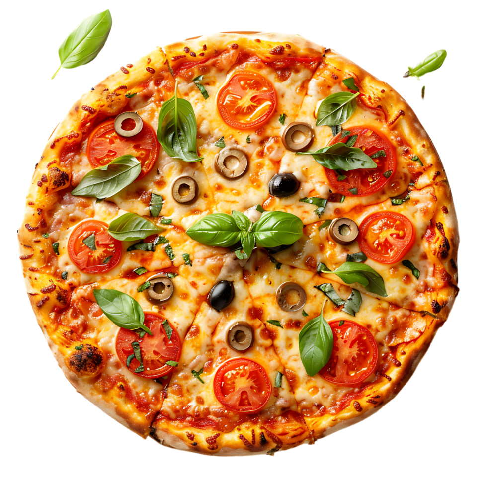 Italian pizza with melted mozzarella cheese green olives tomato garnished vegetables png