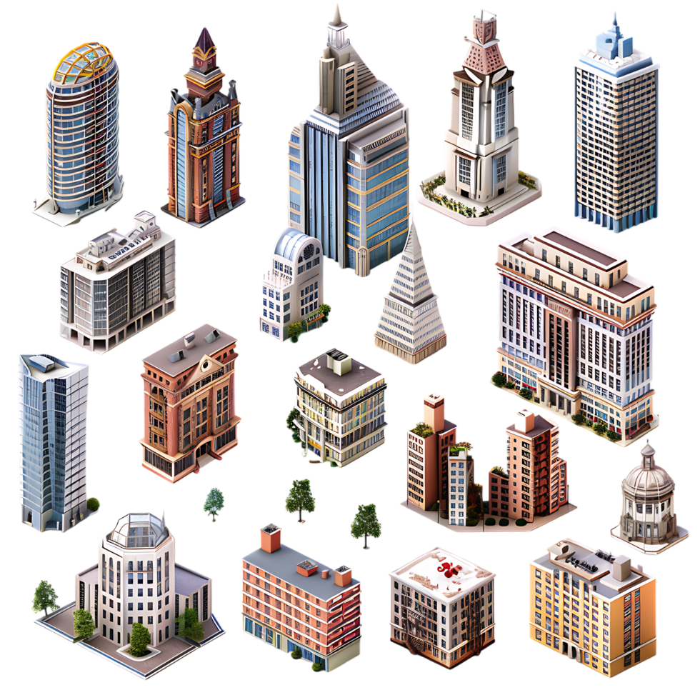 3D set of city buildings isolated on a transparent background png