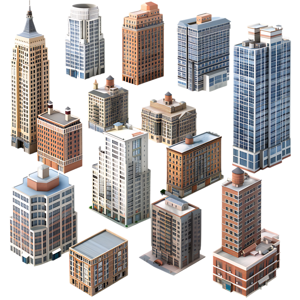 3D set of city buildings isolated on a transparent background png