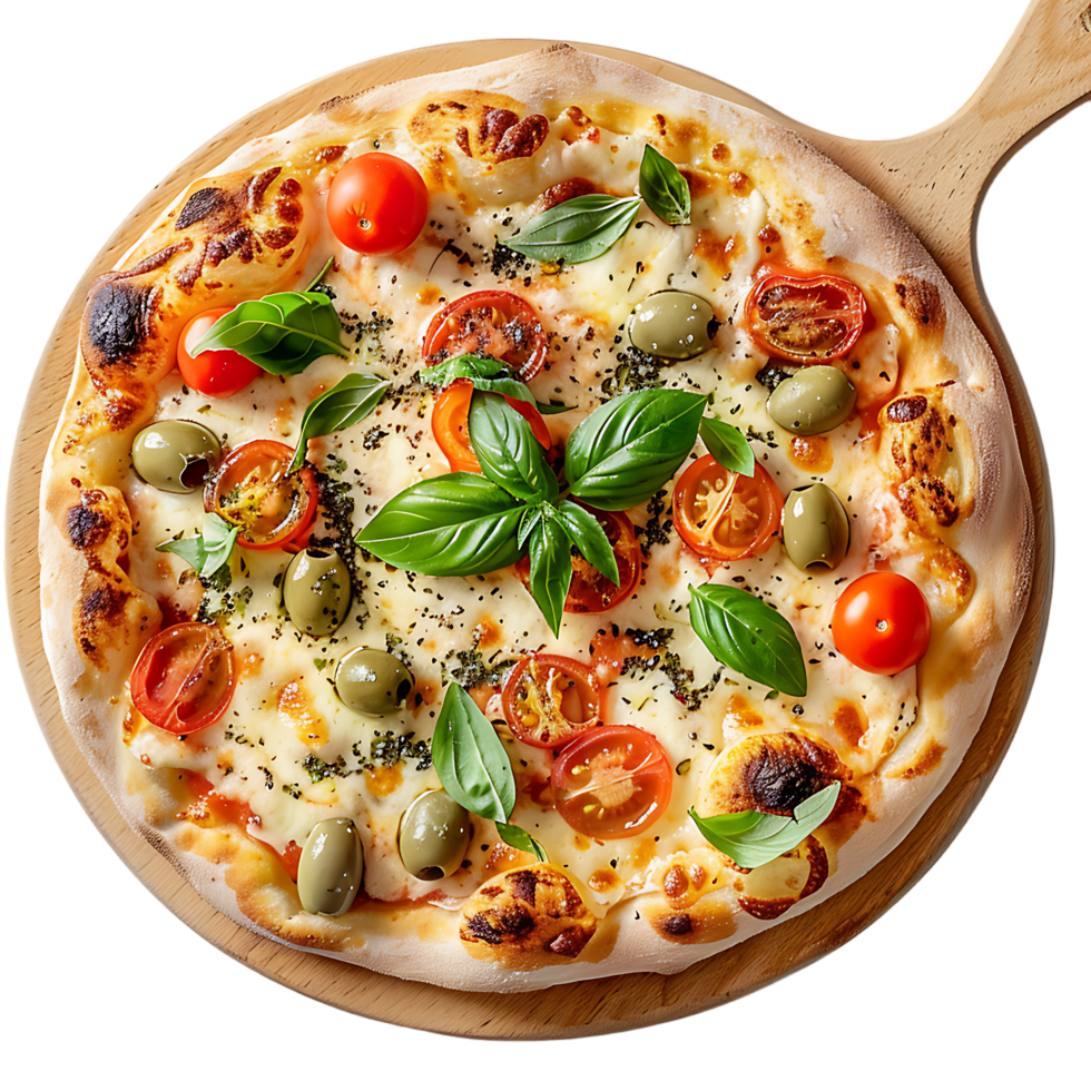 Italian pizza with melted mozzarella cheese green olives tomato garnished vegetables png