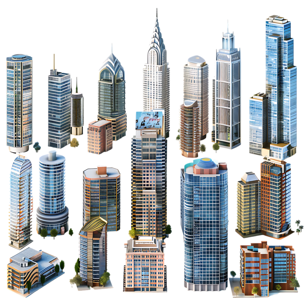 3D set of city buildings isolated on a transparent background png