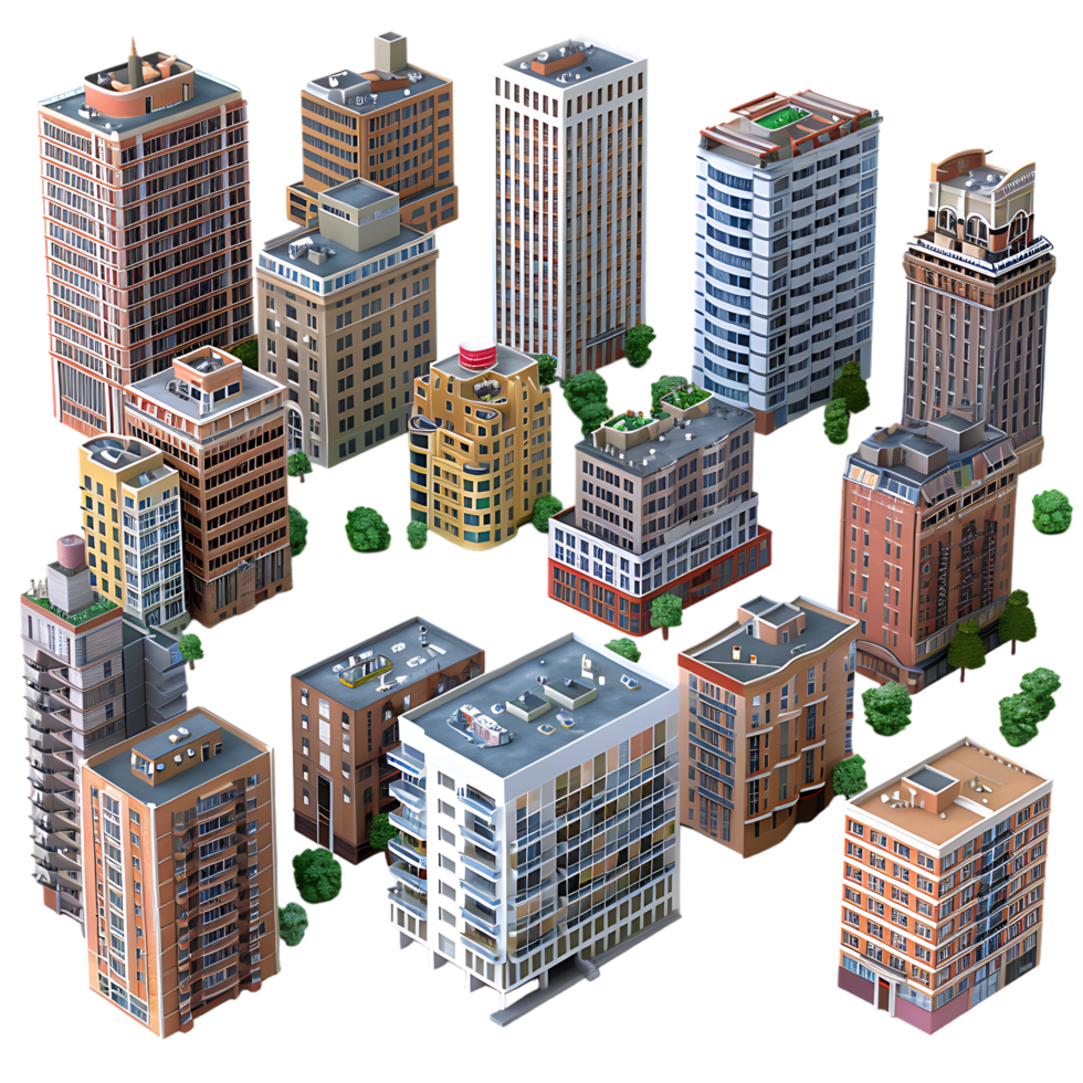 3D set of city buildings isolated on a transparent background png