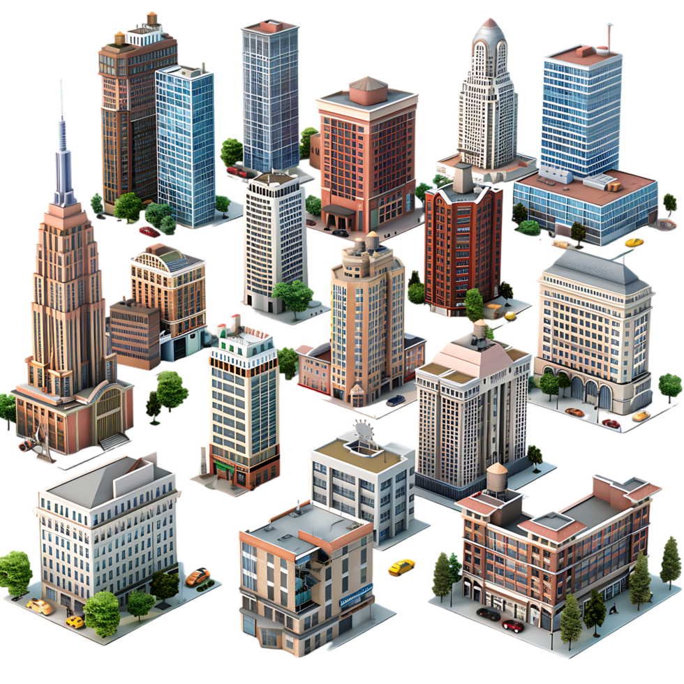 3D set of city buildings isolated on a transparent background png