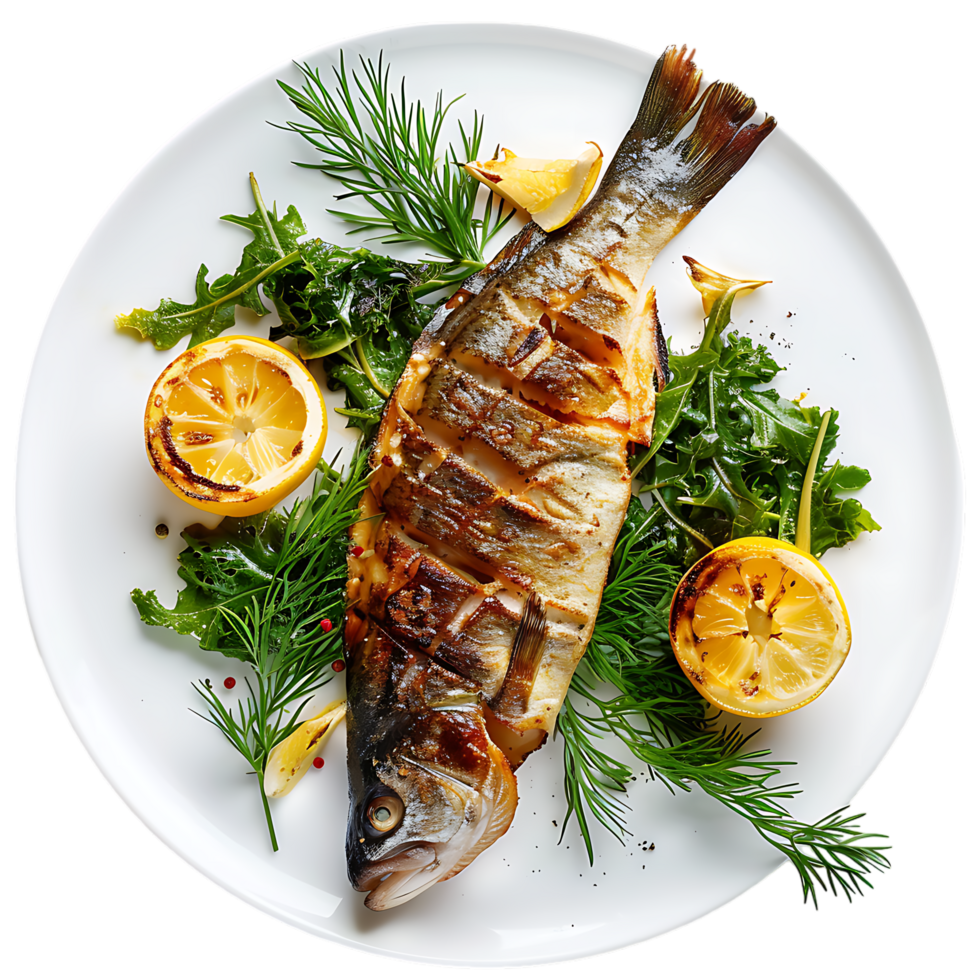 Fish roasted with greens on the plate png