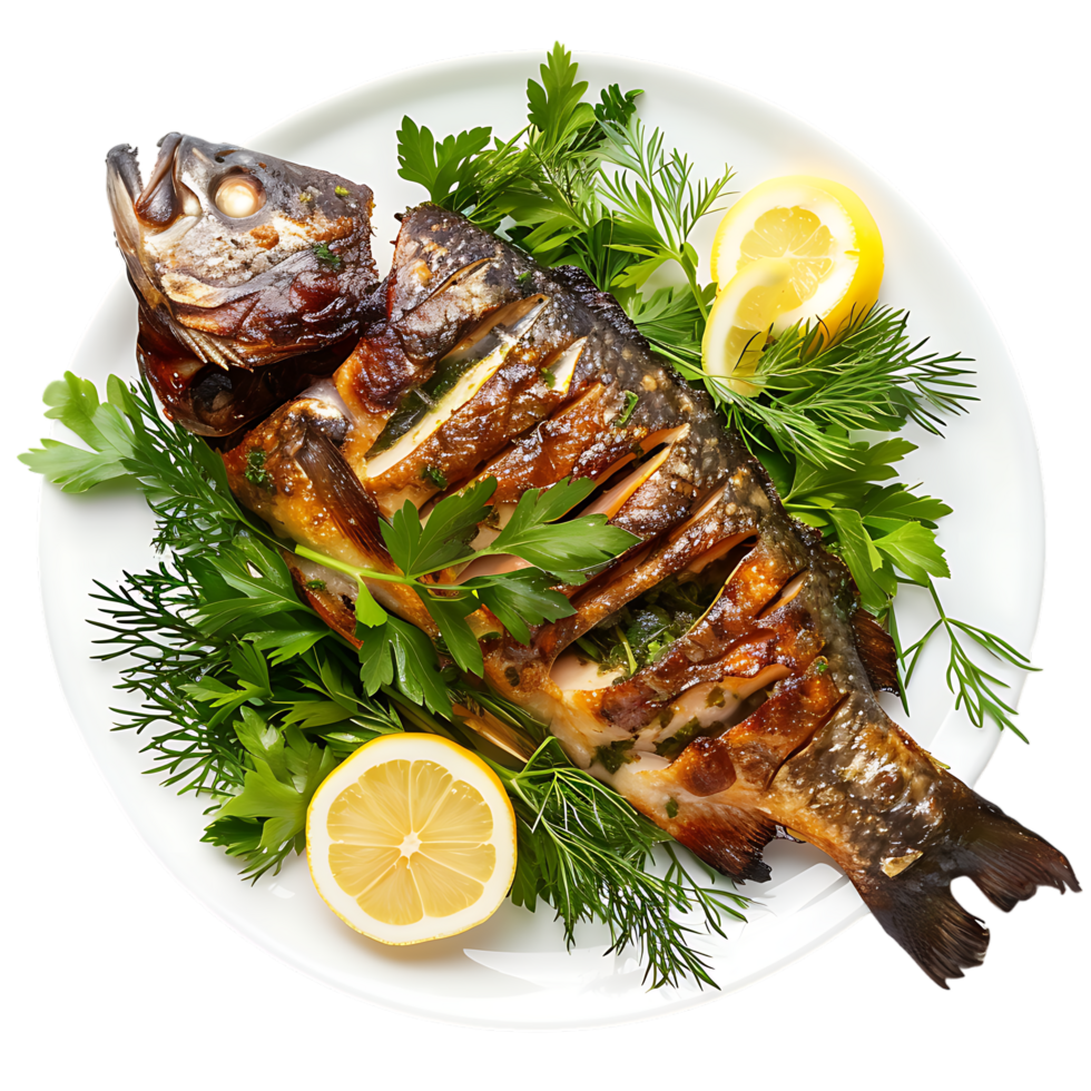 Fish roasted with greens on the plate png