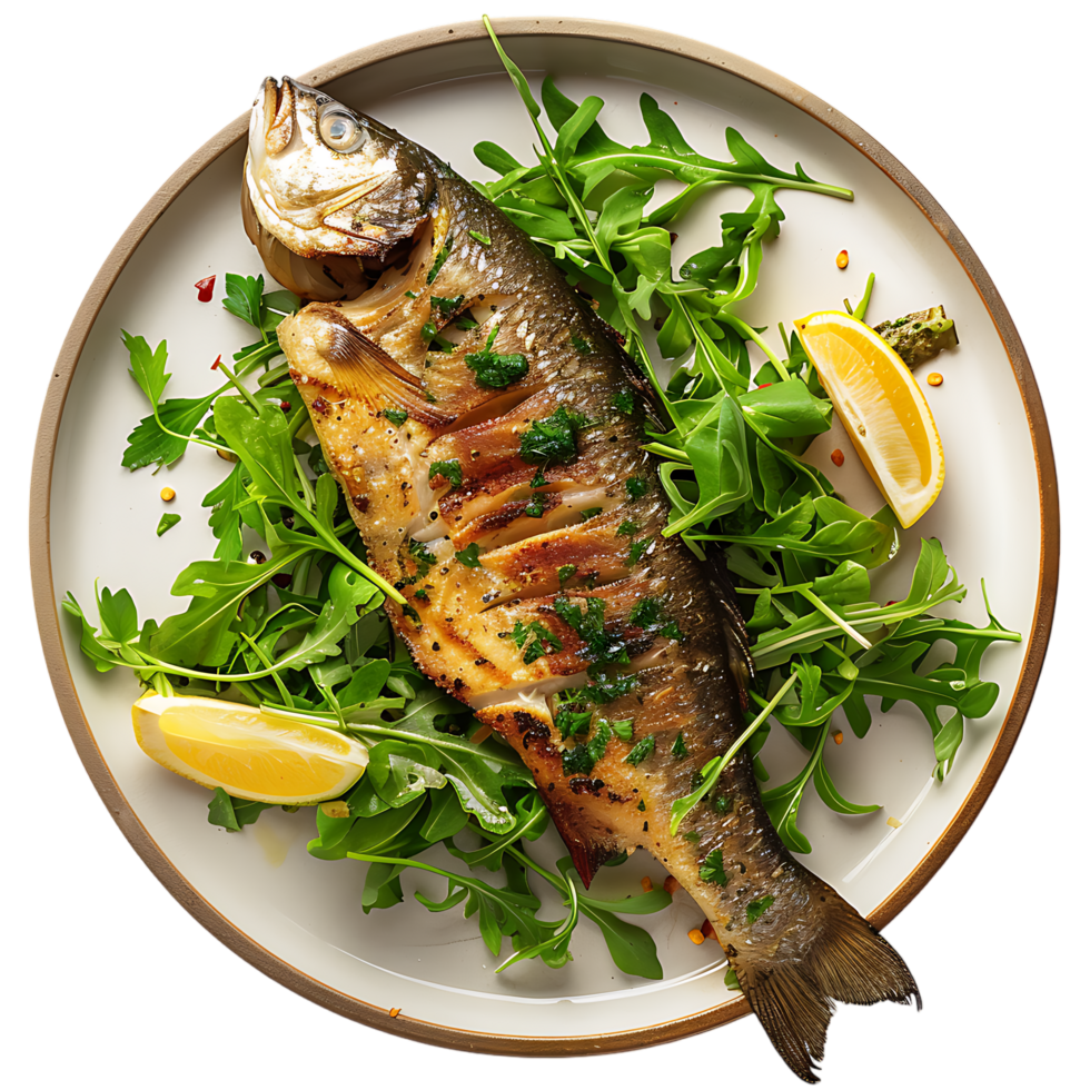 Fish roasted with greens on the plate png