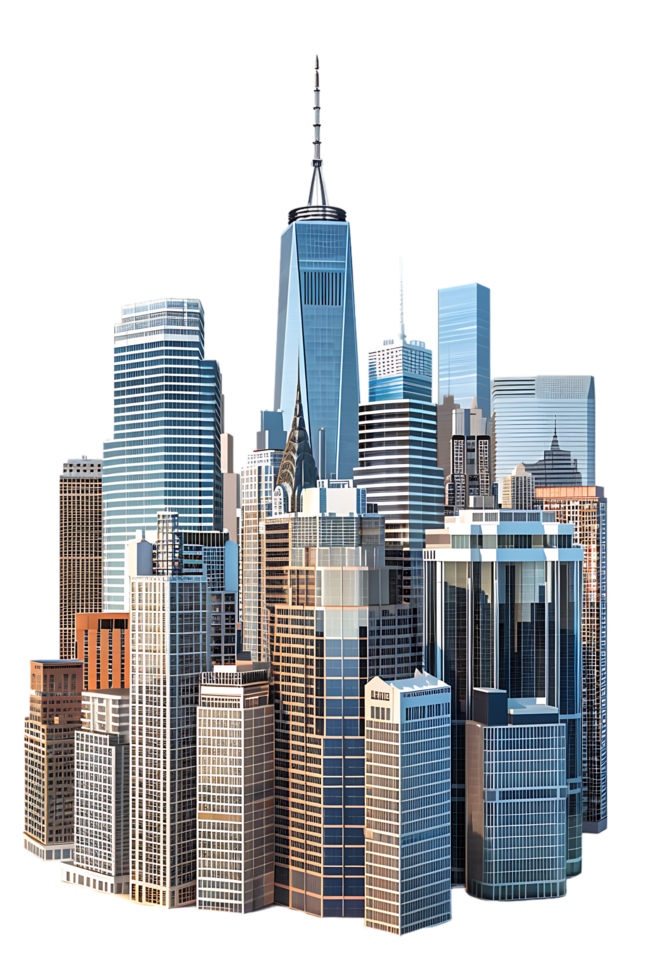 The skyline of a bustling city depicted in a striking 3D style emerges prominently png