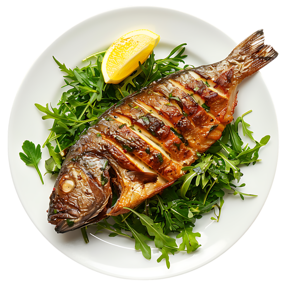 Fish roasted with greens on the plate png