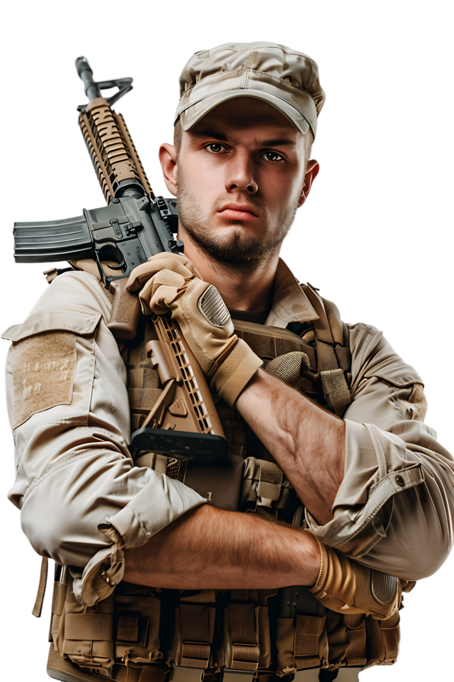 A soldier armed and vigilant stands ready to defend and protect png