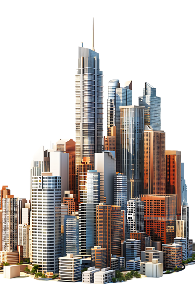 The skyline of a bustling city depicted in a striking 3D style emerges prominently png