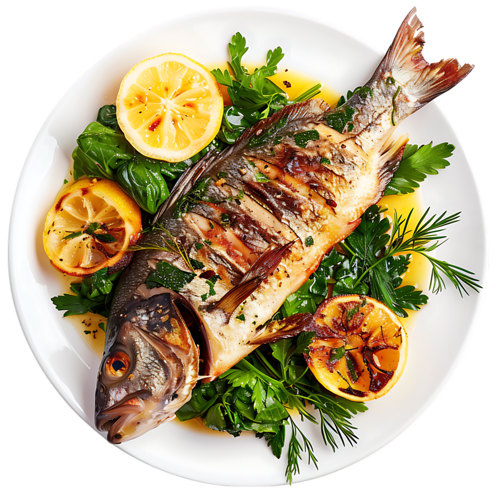 Fish roasted with greens on the plate png
