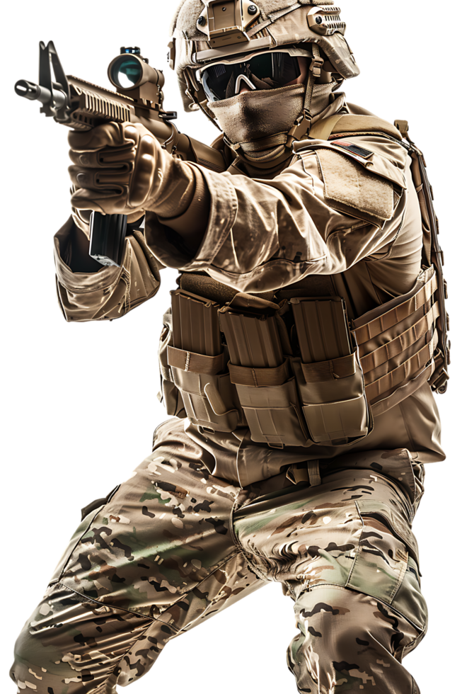 A soldier armed and vigilant stands ready to defend and protect png