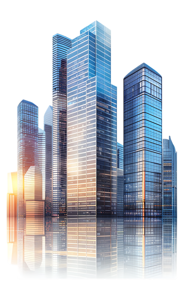 The skyline of a bustling city depicted in a striking 3D style emerges prominently png