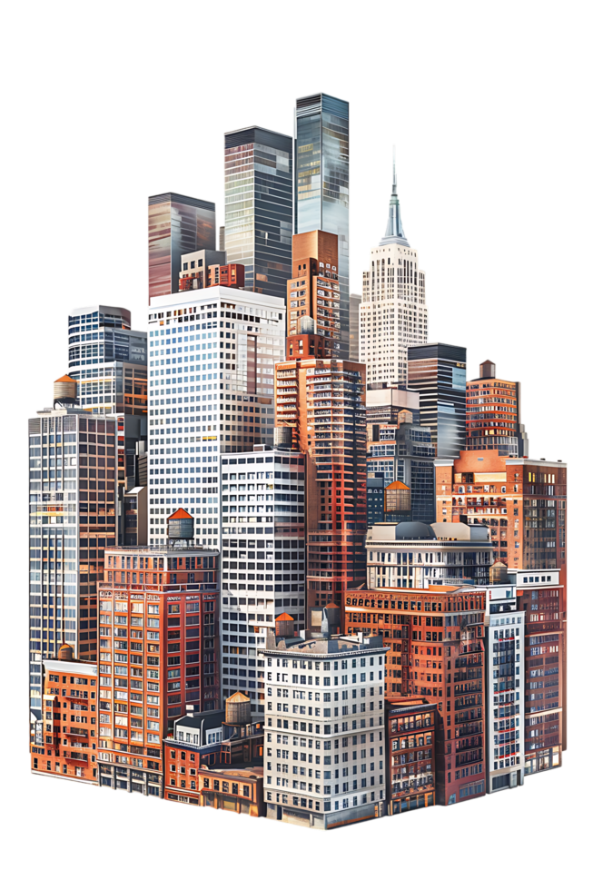 The skyline of a bustling city depicted in a striking 3D style emerges prominently png