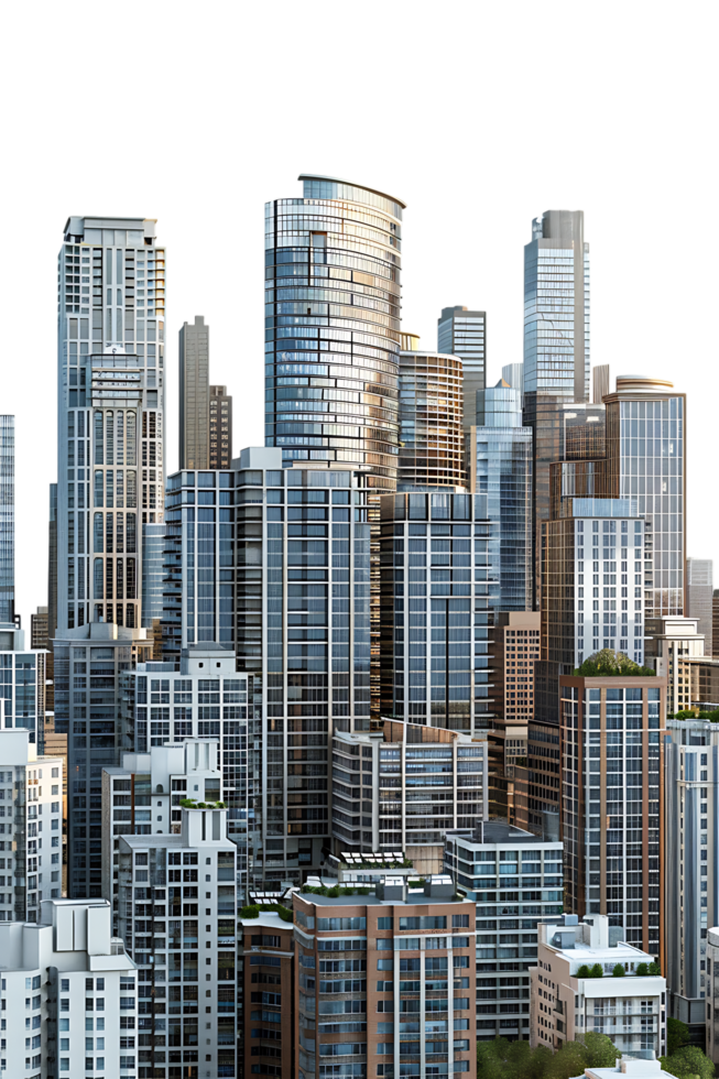 The skyline of a bustling city depicted in a striking 3D style emerges prominently png