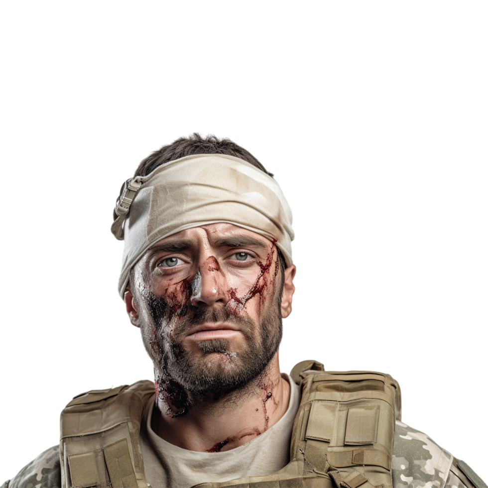 Wounded soldier mud and blood on his face against transparent background png