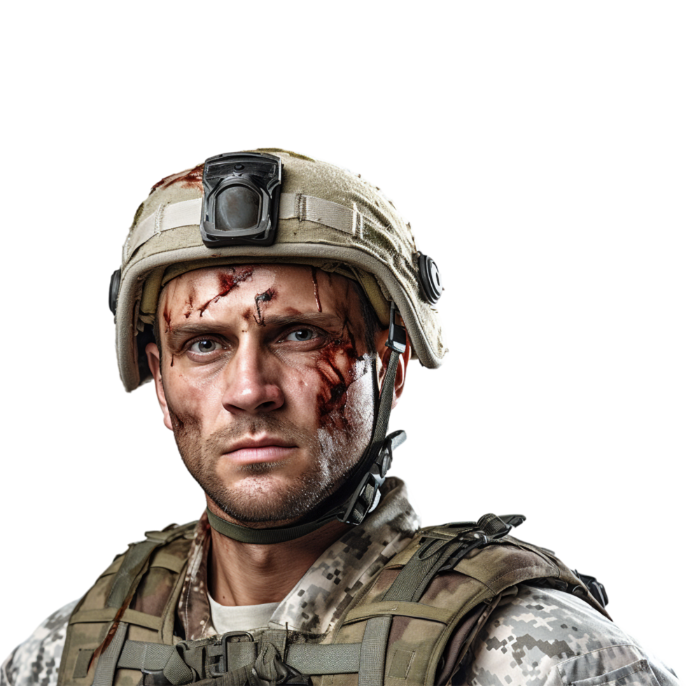 Wounded soldier mud and blood on his face against transparent background png