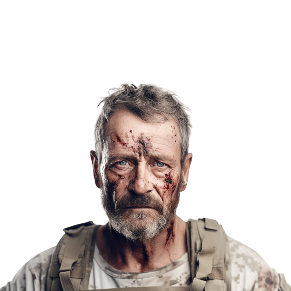 Wounded soldier mud and blood on his face against transparent background png