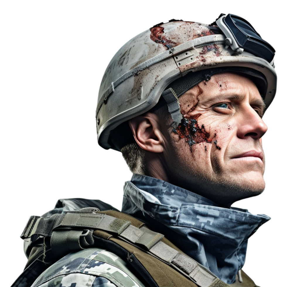 Wounded soldier mud and blood on his face against transparent background png