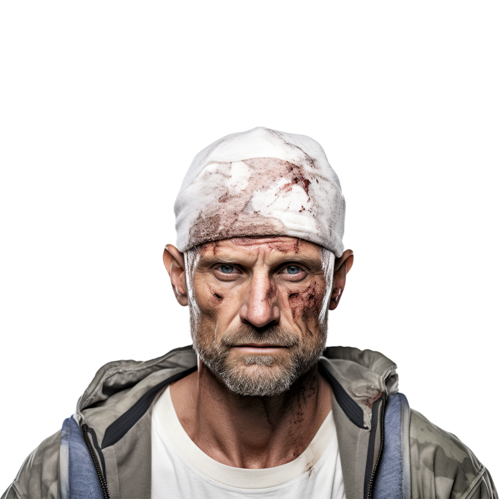 Wounded soldier mud and blood on his face against transparent background png