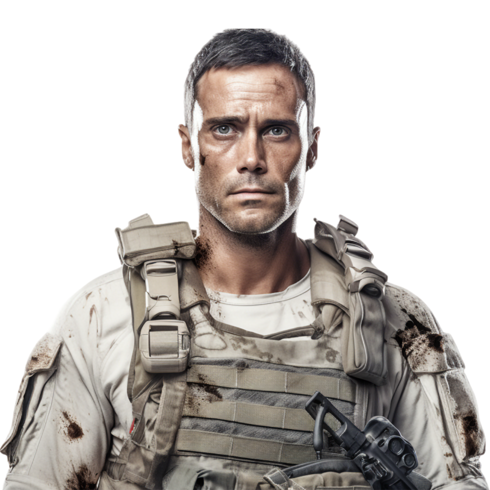 Wounded soldier mud and blood on his face against transparent background png