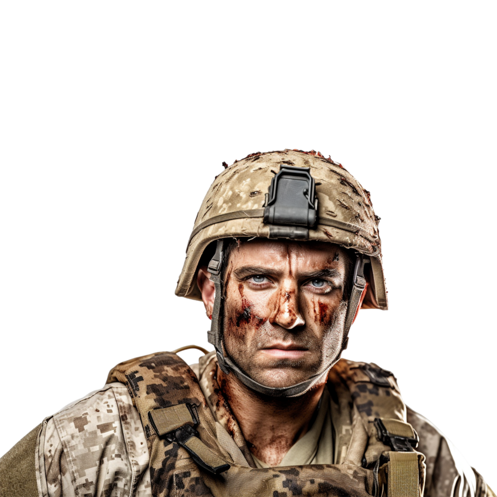 Wounded soldier mud and blood on his face against transparent background png