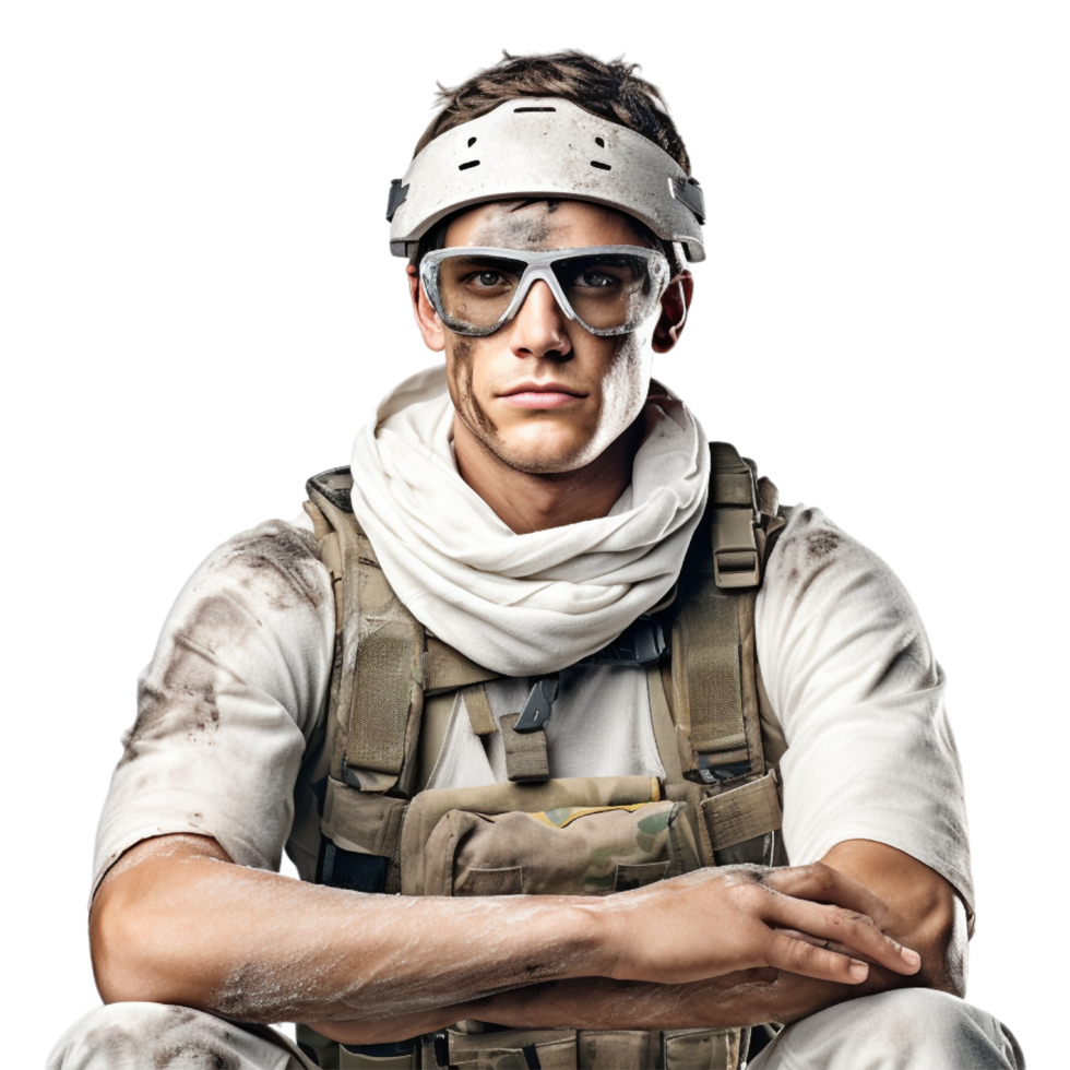 Wounded soldier mud and blood on his face against transparent background png