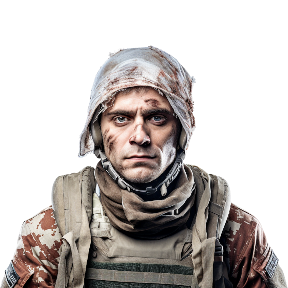 Wounded soldier mud and blood on his face against transparent background png