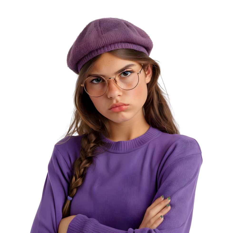Isolated Young girl doing poses sad confused amazed angry happy with beret and glasses png