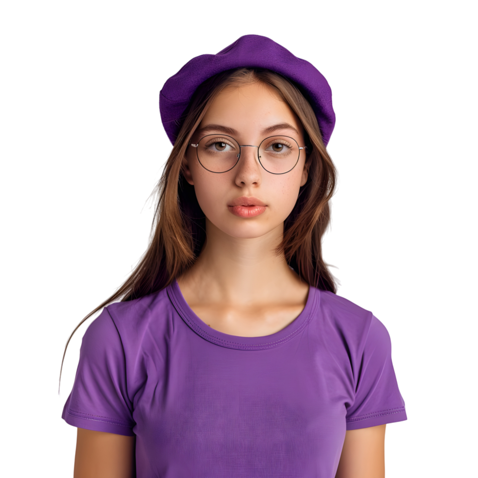 Isolated Young girl doing poses sad confused amazed angry happy with beret and glasses png