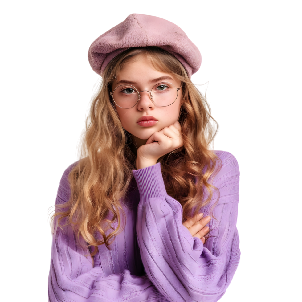 Isolated Young girl doing poses sad confused amazed angry happy with beret and glasses png