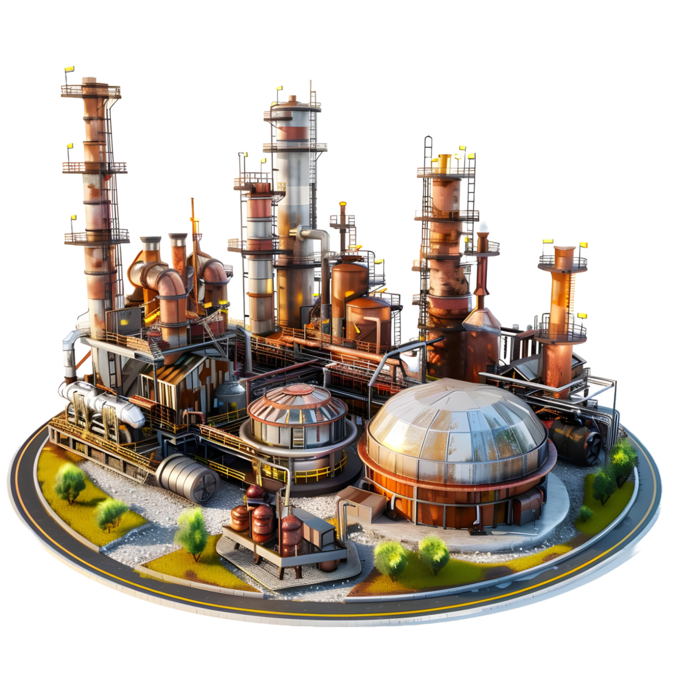 3D image of an oil factory on atransparent background 8K high resolution png