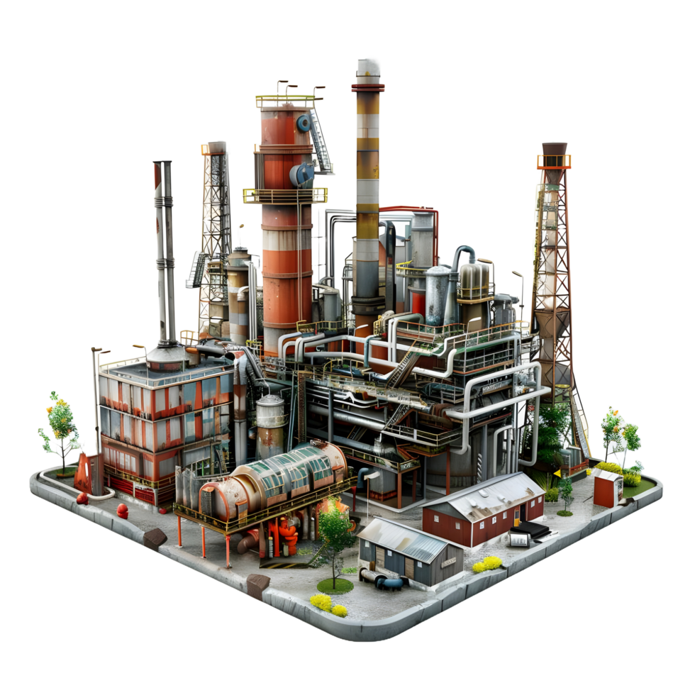 3D image of an oil factory on atransparent background 8K high resolution png