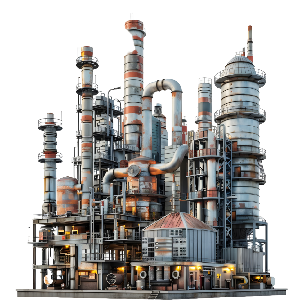 3D image of an oil factory on atransparent background 8K high resolution png