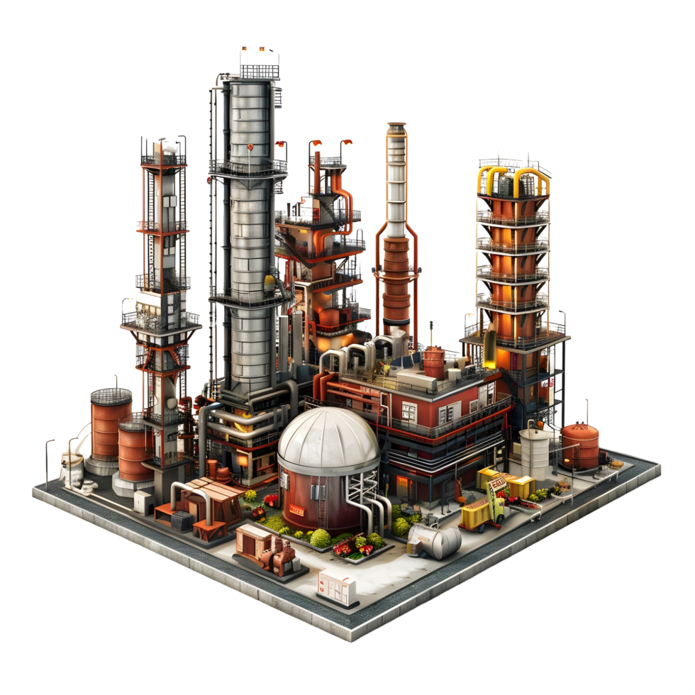 3D image of an oil factory on atransparent background 8K high resolution png