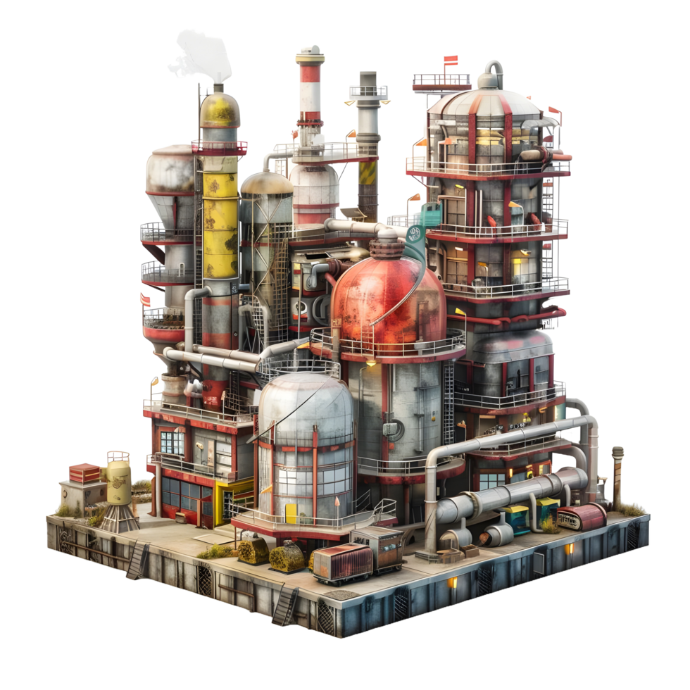 3D image of an oil factory on atransparent background 8K high resolution png