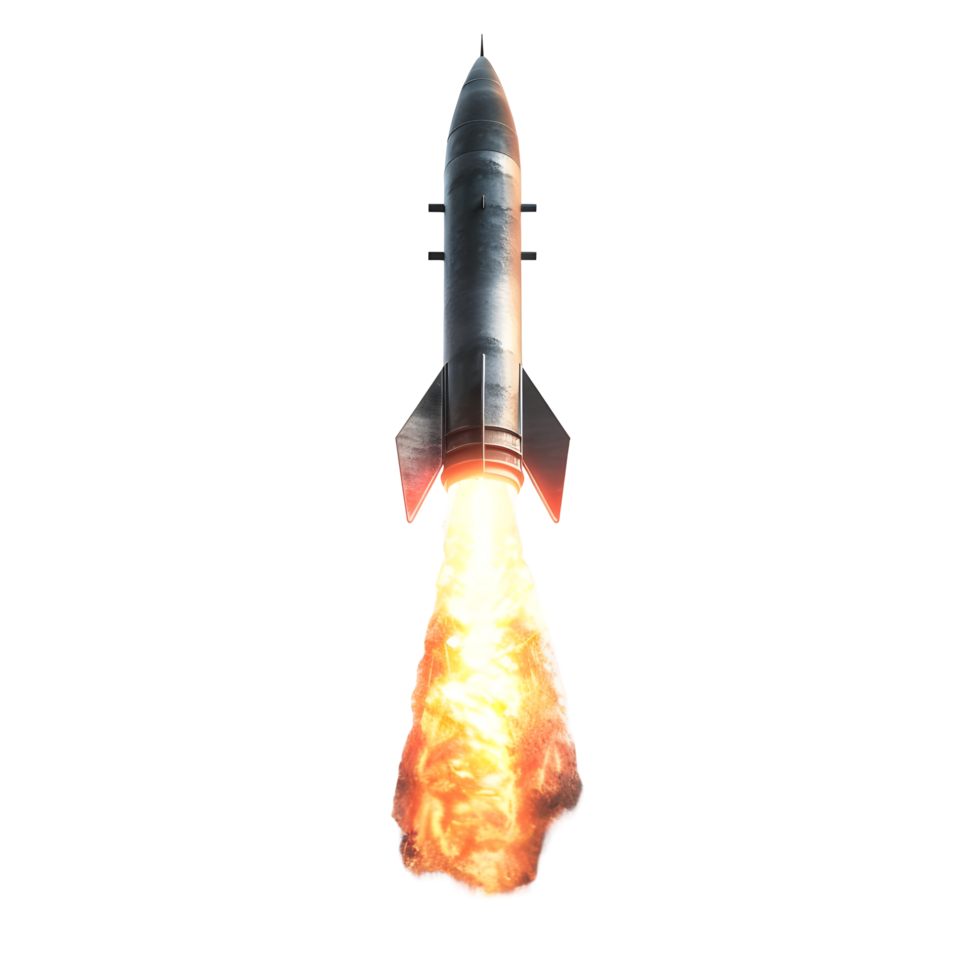 A rocket with a flame effect on the bottom against transparent background png