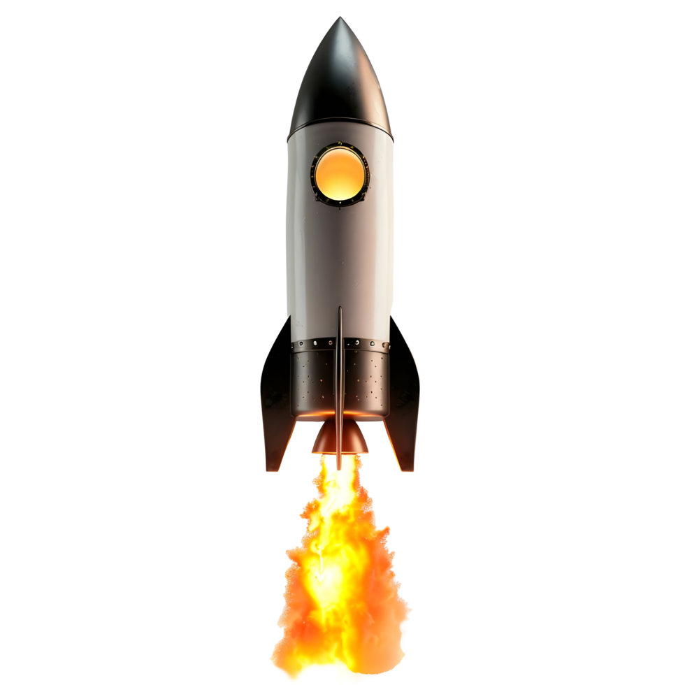 A rocket with a flame effect on the bottom against transparent background png