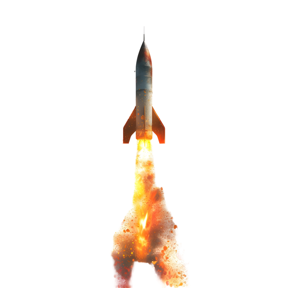 A rocket with a flame effect on the bottom against transparent background png