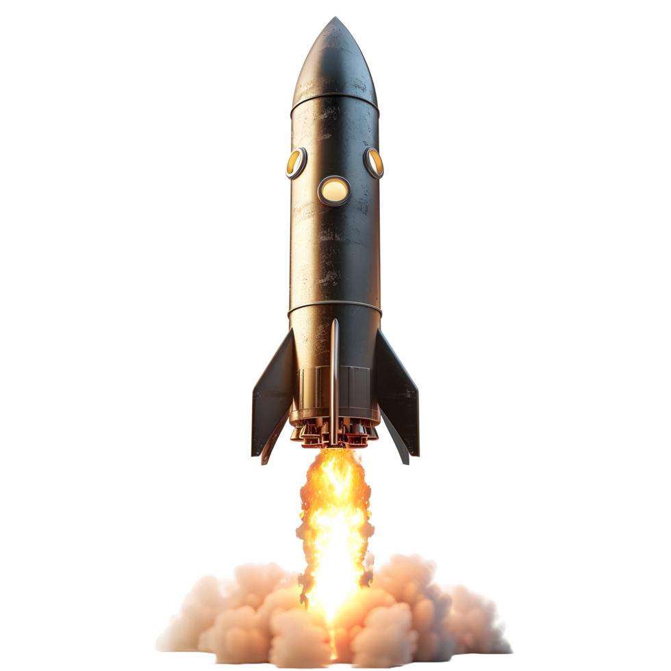 A rocket with a flame effect on the bottom against transparent background png