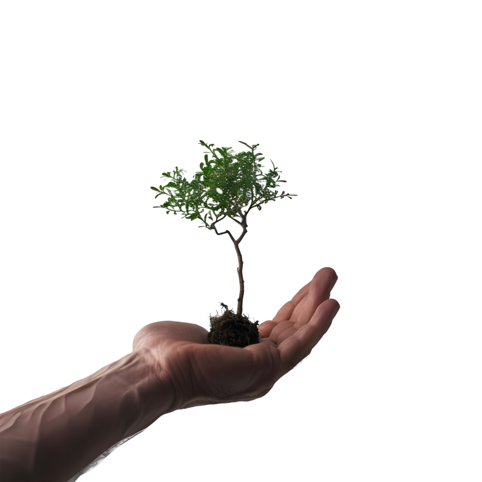 A small tree holding a human hand on transparent background png